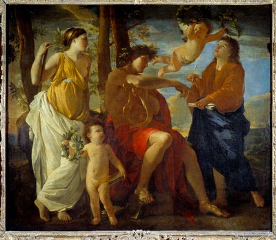 Runoilija Un poete inspiraatiota, lyyraa kädessä ja laakereiden kruunun päähine, ympäröi muusat ja putti. Nicolas Poussinin maalaus tekijältä Nicolas Poussin