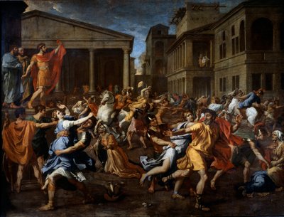 Roomalaisten suorittama sabiinien poistaminen. Romulus vasemmalla tarkkailee kohtausta. Nicolas Poussinin maalaus tekijältä Nicolas Poussin