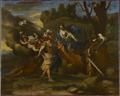 Venus, Aeneasin äiti, esittelee hänelle Vulcanin takomia aseita, n. 1635 (öljy kankaalle) tekijältä Nicolas Poussin