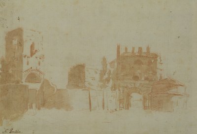 Näkymä Roomaan (seepiapesu paperilla) tekijältä Nicolas Poussin