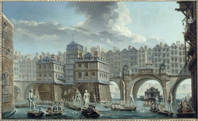 Merimiesten turnajaiset Pont Notre-Damen ja Pont au Changen välillä. tekijältä Nicolas Raguenet