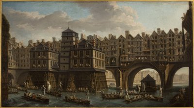 Merimiesten turnajaiset Pont Notre-Damen ja Pont au Changen välillä. tekijältä Nicolas Raguenet