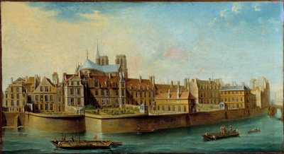 Näkymä Ile de la Cite -vuorelle, Notre Damen katedraalin apsis ja Quai aux Fleurs Ile Saint Louisista Pariisissa. Nicolas Raguenet