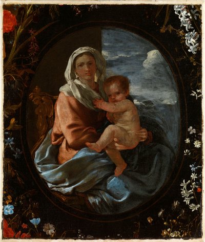 Neitsyt ja lapsi kukkaseppeleessä tekijältä Nicolas & Seghers Daniel (1590–1661) Poussin