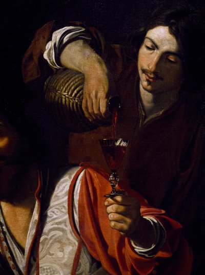 Palvelija kaataa viiniä, yksityiskohta juojien kokouksesta, Nicolas Tournier (kastettu 1590-ennen 1639), öljy kankaalle tekijältä Nicolas Tournier