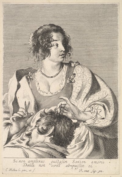 Delilah valmistautuu leikkaamaan Simsonin hiuksia saksilla oikeassa kädessään, rintojensa alapuolella..., n. 1629. tekijältä Nicolas Viennot