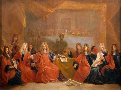 Kauppiaiden vartija ja Pariisin kaupungin neuvoston jäsenet keskustelemassa Ludvig XIV:lle tarjotusta juhlasta ... tekijältä Nicolas de (workshop) Largilliere