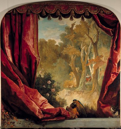 Koristeellinen sommitelma verhoilla, maisemalla ja eläimillä Nicolas de Largillieren (1656-1746) maalaus 1700-luvun aurinko. 2,61x2,51 m tekijältä Nicolas de Largillière