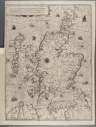Kartta, The Navigation of King James V, Round Scotland, Orkney Isles ja Hebrids tai Western Isles: Tuon erinomaisen lentäjän Alexander Lindsayn johdolla tekijältä Nicolas de Nicolay