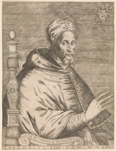 Paavi Gregorius XIV:n muotokuva istumassa Gregory XIII Pon. Max. (otsikko esineessä) tekijältä Nicolaus van Aelst (attributed to)