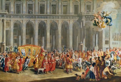 Alois Thomas von Harrachin, Napolin varakuninkaan (1669-1742) lähtö Palazzo Reale di Capodimontesta (katso lisätietoja numerosta 68613) tekijältä Nicolo Maria Russo or Rossi