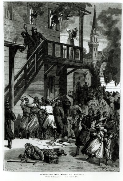 Juutalaisten teurastus Venäjällä, kaiverrus Gustave Voulquin (fl.1880-90) Le Journal Illustresta, kesäkuu 1881 (bw kuva) tekijältä Nielsen