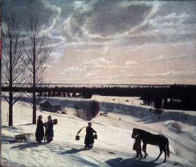 Talvikohtaus, Venäjän talvi (Talvikuvaus, Venäjän talvi). Kuvaus lumisesta maisemasta iltavaloissa, hahmoja tiellä: yksi hevosen ja naisten johdossa, kauhakuorma ja kaksi muuta keskustelemassa kelkan vieressä. pei tekijältä Nikifor Stepanovich Krylov