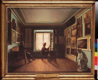 Taidemaalarin ateljee - Nikita Zaytsevin (1787-1828) maalaus, öljy kankaalle, noin 1820 Venäläinen taide 1800-luku - Valtion Tretjakovin galleria, Moskova tekijältä Nikita Zaytsev