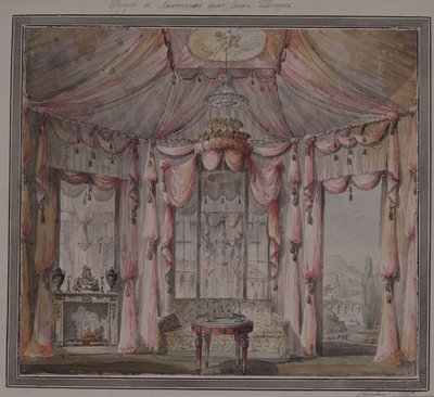 Buduaarin sisustussuunnittelu kreivi Bezborodkon talossa Moskovassa, 1790-luku tekijältä Nikolai Alexandrovich Lvov
