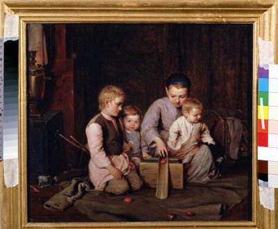 Pääsiäismunapelit. Neljä lasta leikkii puisten kananmunien liukumista puiseen kanavaan, joka on asennettu takin päälle, levitettynä talon lattialle. Nikolai Andreevich Kocheliovin (1840-1918) maalaus öljy kankaalle tekijältä Nikolai Andreevich Kocheliov