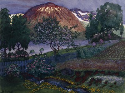 Nit de juliol al jardí (oli sobre tela)finlandès tekijältä Nikolai Astrup