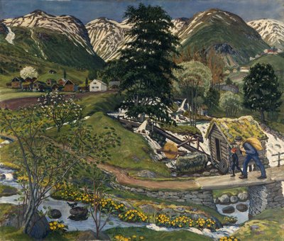 Kvennagong ja Jølstertun (öljy kankaalle) tekijältä Nikolai Astrup
