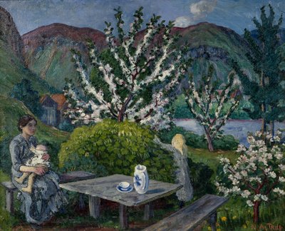 Äiti ja lapsi puutarhapöydän ääressä (öljy kankaalle) tekijältä Nikolai Astrup