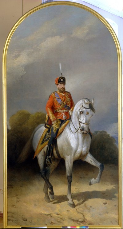 Keisari Aleksanteri III:n (1845-1894) muotokuva keisarillisen kaartin husaarirykmentin univormussa. (Keisari Aleksanteri III:n (1845-1894) muotokuva Leib-kaartin husaarirykmentin univormussa). Nikolai Jegorovich Sverchkovin maalaus tekijältä Nikolai Egorevich Sverchkov