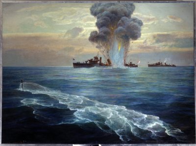 Venäjän sisällissota: Bolshevikkisukellusvene Pantera torpedoi brittihävittäjän Victorian Seskar-saaren edustalla (Suomenlahti), 1.9.1919 (Brittiläinen hävittäjä Vittoria torpedoi bolshevikkien sukellusvene Pantera I:n edustalla) tekijältä Nikolai Evlampievich Bublikov