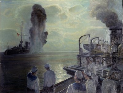Venäjän vuoden 1917 vallankumous: Venäjän Mustanmeren laivasto upottaa omat aluksensa 18. kesäkuuta 1918. (Mustanmeren laivaston itse uppoaminen 18. kesäkuuta 1918). Nikolai Eviampievich Bublikovin (1871-1942) maalaus öljy kankaalle tekijältä Nikolai Evlampievich Bublikov