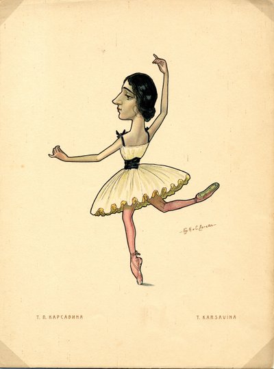 Balettitanssija Tamara Karsavina Tekijä: Russian Ballet in Caricatures, 1902-1905 tekijältä Nikolai Gustavovich Legat