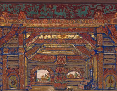 Tsaari Berendeyn palatsi. Lavastus A. Ostrovskin teatterinäytelmään Snow Maiden, 1912 tekijältä Nikolai Konstantinowitsch Roerich