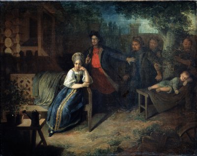 Ryöstäjä Jegor Bashlyk sieppaa kauppiaan vaimon Grunyan. Nikolai Mihailovitš Aleksejevin (1813-1880) maalaus. Öljy kankaalle, 77,7 x 99,2 cm tekijältä Nikolai Mikhailovich Alexeyev