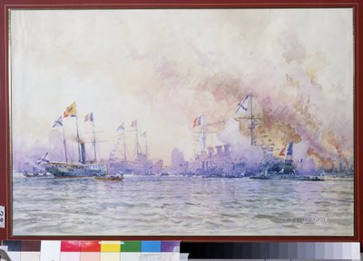 Ranskalaisen laivueen saapuminen Krondstadtiin vuonna 1893. Merimaisema, jossa realistinen kuvaus Ranskan merivoimista (sota-alukset, fregatit ja korvetit) Ranskan ja Venäjän liiton jälkeen tekijältä Nikolai Nikolaevich Gritsenko