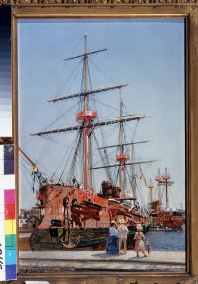 Admiral Kornilov -escort-risteilijän rakentaminen Bretagnessa. (Suojellun risteilijän Admiral Kornilovin rakennus Bretagnessa). Nikolai Nikolajevitš Gritsenko (1856-1900), öljy puulle tekijältä Nikolai Nikolaevich Gritsenko