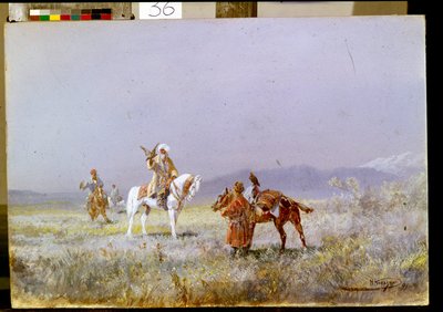 Haukkametsä (The Falconry). Keski-Aasian ratsastajat kouluttavat haukkoja metsästämään aroilla. Nikolai Nikolajevitš Karasinin (1842-1908) maalaus öljy kankaalle tekijältä Nikolai Nikolaevich Karazin