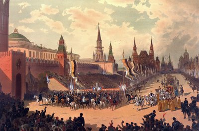 Venäjän tsaari Aleksanteri III:n (1845-1894) ja keisarinna Maria Fedorovnan (Tanskan Dagmar) (1847-1928) kruunausalbumi - Aleksanteri III:n seremoniallinen sisääntulo Punaiselle torille (Krunausalbumista), kirjoittanut Karasin Nikolai Nikolajevitš tekijältä Nikolai Nikolayevich Karasin