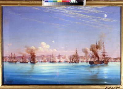 Ranskalais-brittiläisen laivueen Sebastopolin pommitukset vuonna 1854. (Sevastopolin pommitukset brittiläiseltä ranskalaislentueelta vuonna 1854). Episodi kaupungin piirityksestä 1854-1855, Krimin sodan aikana Ottomaanien valtakuntien liittouman välillä, f tekijältä Nikolai Pavlovich Krasovsky