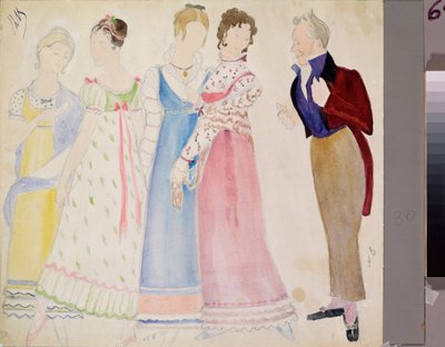 Valmistelevat puvut, mies ja neljä nuorta naista, Piotr Tšaikovskin (1840-1893) oopperaan "Eugene Oneguine" (P Tšaikovskin Eugene Onegin -oopperan pukusuunnittelu) - Nikolai Pavlovich Uljanovin (Oulianov) teos (1875) -1949), värikynä ja tekijältä Nikolai Pavlovich Ulyanov