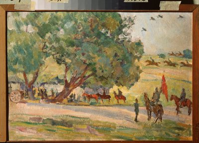 Sotilasharjoitukset Moskovan läheisyydessä (Manoeuvres lähellä Moskovaa) - Nikolai Pavlovich Uljanovin (Ulianov) (1875-1949) työ, öljy pahville tekijältä Nikolai Pavlovich Ulyanov