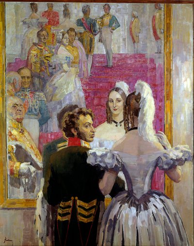 Venäläinen runoilija Aleksanteri Puškin (Pushkin) (1799-1837) ja hänen vaimonsa Natalia Gontcharova (Goncharova) Anichkofin palatsin ballissa. Nikolai Pavlovich Uljanovin (Uljanov) maalaus (1875-1949) tekijältä Nikolai Pavlovich Ulyanov