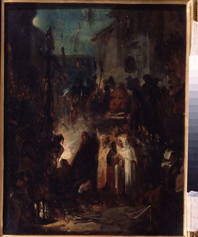 Autodafe (Autodafe). Katukuvaus, yöllä, inkvisitiotuomioistuimen tuomion jälkeen, joukko ja kirkolliset kokoontuvat tulen ympärille. Nikolai Petrovitš Lomtevin (1816-1859) työ, öljy pahville. venäläistä taidetta tekijältä Nikolai Petrovich Lomtev