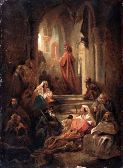 Kohtaus Dante Alighierin (1265-1321) elämästä (kohtaus Dante Alighierin elämästä). Nikolai Petrovitš Lomtevin (1816-1859) työ, öljy pahville tekijältä Nikolai Petrovich Lomtev