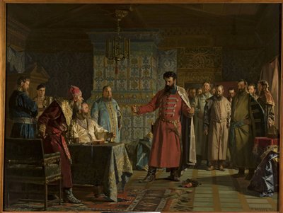 La querelle de Zakhary Petrovich Lyapunov (mort apres 1612) avec le tsaari Vassili IV Chouiski (1552-1612) au Kremlin - Zakhary Lyapunovin riita tsaari Vasili Shuiskin kanssa Kremlissä, kirjoittanut Nevrev, Nikolai Vasilyev 9 (18 Nikolai Vasilyev 0-9). Ölj tekijältä Nikolai Vasilievich Nevrev