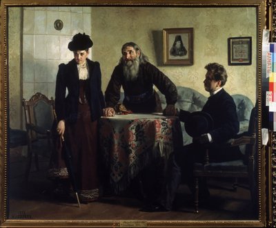 Muistutus (Varoitus). Avioliittokriisissä oleva pariskunta vierailee ortodoksisen papin luona ja saa oppitunnin moraalisesta käytöksestä. Nikolai Vasilyevich Nevrevin (1830-1904) maalaus öljy kankaalle tekijältä Nikolai Vasilievich Nevrev