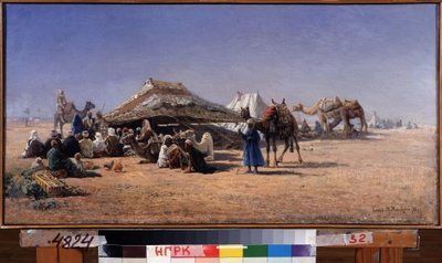 Kairo (Egypti) (Kairo). Leirikohtaus asuntovaunusta autiomaassa, kaupunki taustalla. Nikolai Jegorovich Makovskin (1842-1886) maalaus öljy kankaalle tekijältä Nikolai Yegorovich Makovsky