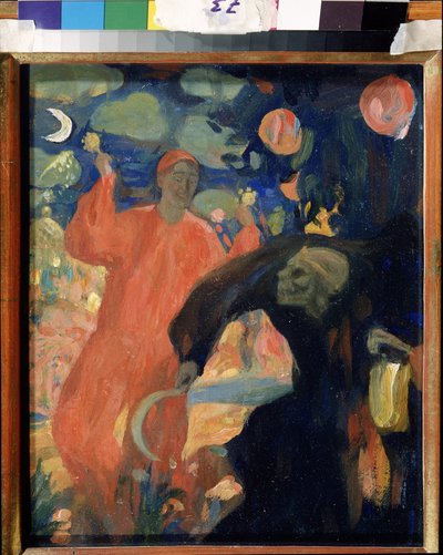Nikolai Sapunovin (Sapunov) (1880-1912) muistoksi (N. Sapunovin muistoksi). Kuolema personoi kaartaa ja pakenee hymyilevän elämänhahmon eteen, heiluttaen marakassia. Nicolas (Nikolai) Dimitrievich Milliotin (1874-1962) teos, öljy kortille tekijältä Nikolaj Nikolaevic Sapunov