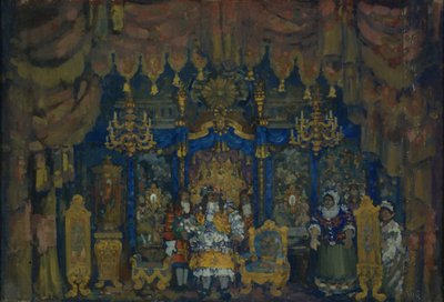 Jourdainsin huone. Lavastus teatterinäytelmään A Bourgeois as a Nobleman, jonka on kirjoittanut J.-B. Moliere, 1911 tekijältä Nikolaj Nikolaevic Sapunov