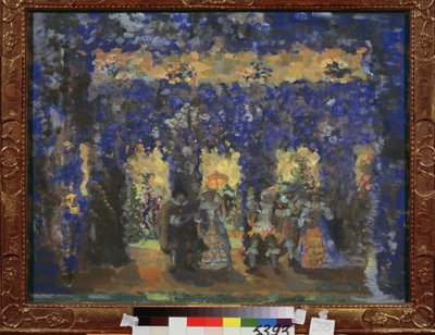 Paviljonki palatsin puutarhassa. Nikolai Nikolajevitsh Sapunov (Sapunov) (1880-1912) työ, tempera pahville tekijältä Nikolaj Nikolaevic Sapunov