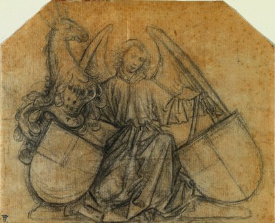 Enkeli, joka tukee kahta peitettä, n. 1470. tekijältä Nikolaus Gerhaert von Leyden