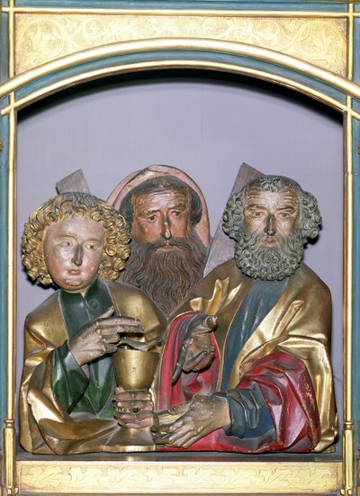 SS:n puiset kaiverrukset. John, Andrew ja Peter, Isenheimin alttaritaulun predellasta, n. 1490 (maalattu puu) tekijältä Nikolaus Hagenauer