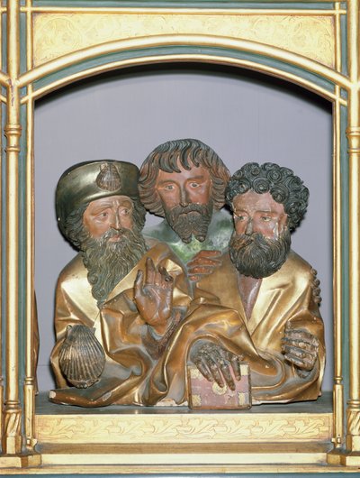 Puukaiverrukset Pyhästä Jaakob Suuresta, Pyhästä Simonista ja Pyhästä Tadeuksesta, Isenheimin alttaritaulun predellasta, n. 1490 (maalattu puu) tekijältä Nikolaus Hagenauer