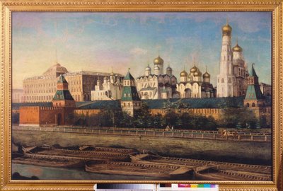 Näkymä Moskovan Kremlistä. Nikolai Ivanovitš Podkljutšnikovin (1813-1877) maalaus öljy kankaalle. 1800-luvun venäläinen taide. Valtion United Museum Center Kremlissä, Moskova. tekijältä Nikolay Ivanovich Podklyuchnikov