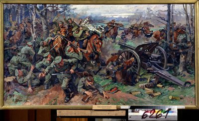 Venäläinen ratsuväki hyökkäyksessä saksalaista tykistöä vuonna 1915 (Venäjän ratsuväki hyökkäyksessä saksalaista tykistöä vuonna 1915). Nikolai Jakovlevich Borisovin (1873-1942) maalaus. Öljy kankaalle, 75 x 142 cm, 1900-luvun alun venäläistä taidetta. Osa tekijältä Nikolay Yakovlevich Borisov